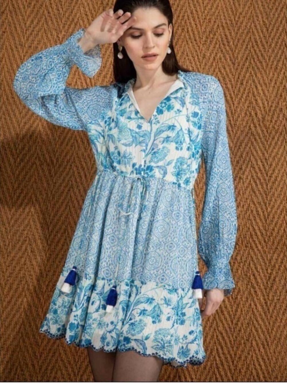 HEMANT & NANDITA Kaiyo Blue Floral Mini Dress Tassel Ties Boho Size Small